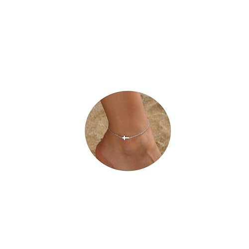 NONAMOIS Ankle Bracelets for Women Dainty 18K Gold Plated Anklet | Stainless Steel Waterproof Satellite Beaded Pearl Star Cross Chain Anklets Non Tarnish Summer Beach Foot Jewelry Gifts - color: Tiny Cross-WG