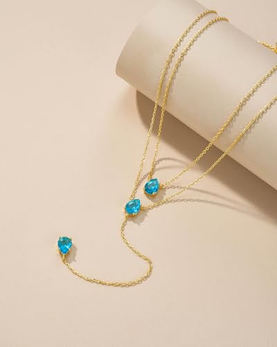 SNGIA Long 18K Gold Plated Blue Green Red Layered Pendant Necklace For Women (Emerald, Ruby, Seafoam, Sky, Sapphire, Pink), Dainty Birthstone Necklace, Statement Necklace Jewelry Gifts. - style: Aqua