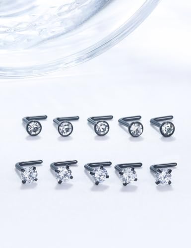 18G 20G 22G Stainless Surgical Steel Titanium Nose Rings Studs for Women L Shaped Nose Studs Screw Nose Rings Nostrial Piercing Jewelry for Women Men Silver Gold Black - style: 18G/2mm CZ/L-shaped/Black
