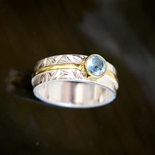 Stunning Blue Topaz Ring Hammered Two Tone Band Ring for Women & Girls Thumb Band Ring In Sterling Silver Gemstone Ring Wedding Promise Best Gift Band Ring Stackable Topaz Ring