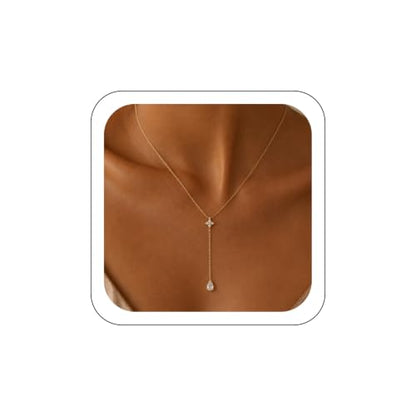 Gold Necklace for Women Dainty 14K Gold Plated Lariat Necklace | Teardrop CZ Y Shaped Drop Necklaces Prom Necklace Long Necklace Simple Gold Jewelry For Women Gift - color: C GOLD
