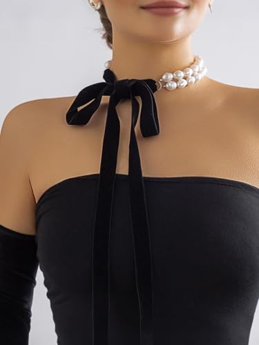 Double-layered Pearl Choker for Women Boho Pearl Bow Choker Necklace Black Velvet Long Ribbon Bow Collarbone Chain Vintage Beaded Choker Necklace Birthday Party Jewelry Christmas Gift