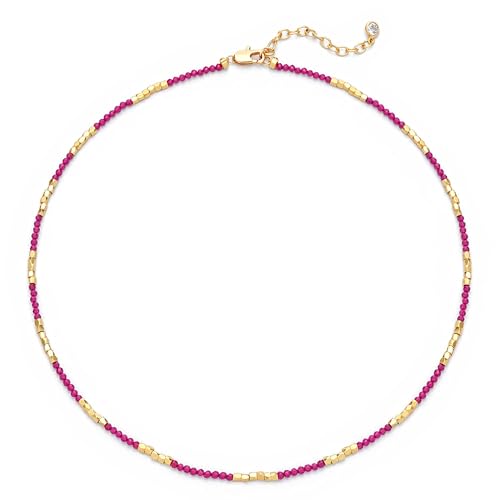 MTMY Beaded Gemstone Choker Necklace for Women | 14K Gold Plated, Colorful Natural Stone, Bead Chain, Boho Summer Beach, Handmade Jewelry - color: Ruby