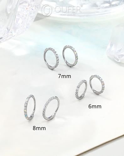 OUFER Turquoise CZ Opal Nose Rings for Women, 316L Surgical Steel 6MM Nose Rings Hoops, Silver Hinged Segment Septum Lip Eyebrow Cartilage Conch Rook Helix Tragus Daith Piercing Jewelry-6/7/8MM - color: Silver, Opal and CZ