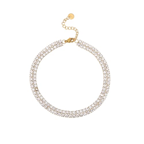 Gold Ankle for Women 18K Gold Plated Tennis Sapphire Paperclip Pearl Sequin Droplet Lip Link Chain Large Anklet Bracelets Simple Beach Summer Waterproof Foot Jewelry - color: Layered Tennis-Gold