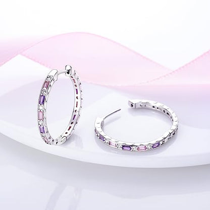 Parmuz 925 Sterling Silver Earrings Hoops for Women Ladies Simple Lightweight Twisted Medium Hoop Earrings With Cubic Zirconia Hypoallergenic Jewelry for Her - color: Pink Big hoop earring