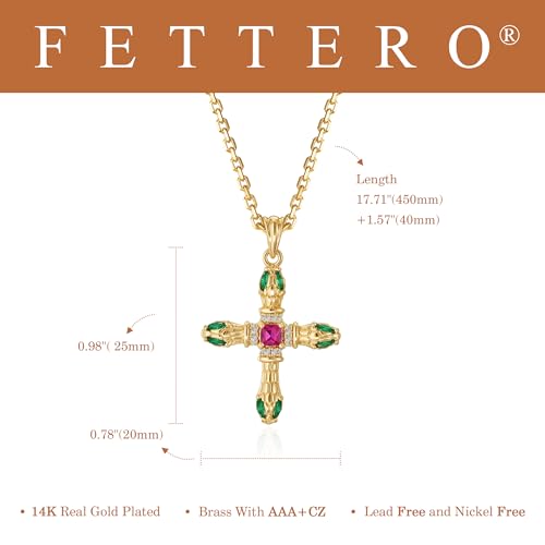 Fettero Cross Necklace for Women Faith Pendant 14K Plated Dainty Chain Necklaes Minimalist Simple Tiny God Lords Prayer Religious Jewelry - style: Emerald snake-head