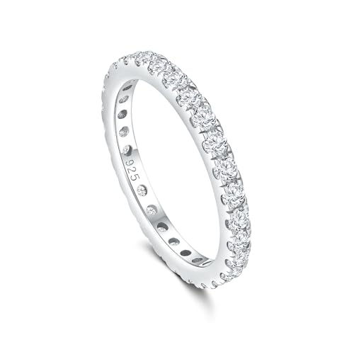 Full Eternity Band 2.4mm Wide Sterling Silver or Gold Color Stackable Birthstone and CZ Anniversary Bands Wedding Ring for Men Women, Comfort fit and Hypoallergenic - color: cz silver