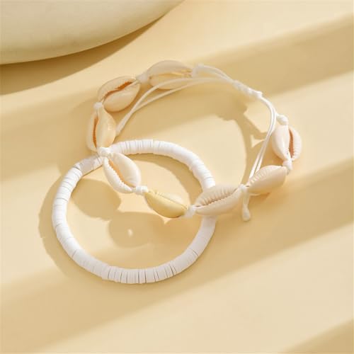 Shell Ankle Bracelet Set for Women,Boho Adjustable Beads Anklet Pack Natural White Shells Stack Stretch Seashell Pearl Starfish Bracelet Set Hawaiian Beach Vacation Foot Jewelry - style: F-Shell