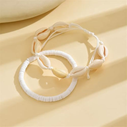 Shell Ankle Bracelet Set for Women,Boho Adjustable Beads Anklet Pack Natural White Shells Stack Stretch Seashell Pearl Starfish Bracelet Set Hawaiian Beach Vacation Foot Jewelry - style: F-Shell