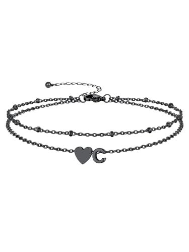 Ankle Bracelets for Women Waterproof 14K Gold/Silver/Black Initial Anklet for Women Dainty Layered Heart Ankle Bracelets Stainless Steel Adjustable Foot Chain Anklet Summer Beach Jewelry - color: C-Black