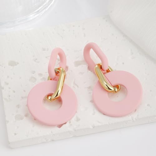 RUOFFETA Acrylic Rectangle Earrings, Fashion Acrylic Square/Oval/Hoop Statement Drop Earrings for Women - color: Pink Round