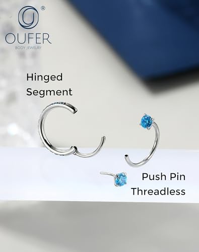 OUFER 2PCS Nose Rings Hoops, 20g Double Gem Horseshoe Threadless Nose Rings for Women, Septum Clicker Daith Tragus Helix Rook Eyebrow Lip Piercing Jewelry - color: Silver Aqua CZ
