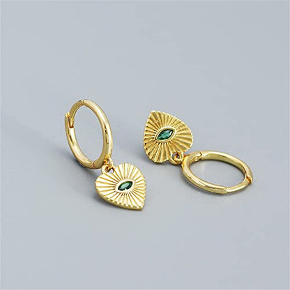 Heart Evil Eye Dangle Small Hoop Earrings for Women Girls 925 Sterling Silver Green CZ Eyes Charms Drop Dangling Huggie Hoops Cartilage Cuff Hypoallergenic Earring Gifts Birthday Christmas Valentine - color: Gold