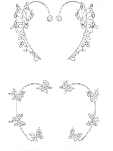 2Pcs Butterfly Ear Cuffs Rhinestone Clip On Earrings | Rhinestone butterfly ear cuffs with non piercing clip on design; silver ear wrap climber jewelry for parties and weddings - style: 2Pair Silver
