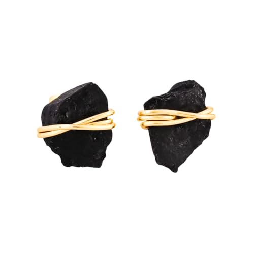 Gempires Wire Wrapped Raw Gemstone Stud Earrings for Women, Birthstone | Handmade wire-wrapped raw gemstone stud earrings — choose from stones and birthstones, artisan raw crystals on gold. - style: Black Tourmaline