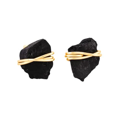Gempires Wire Wrapped Raw Gemstone Stud Earrings for Women, Birthstone | Handmade wire-wrapped raw gemstone stud earrings — choose from stones and birthstones, artisan raw crystals on gold. - style: Black Tourmaline