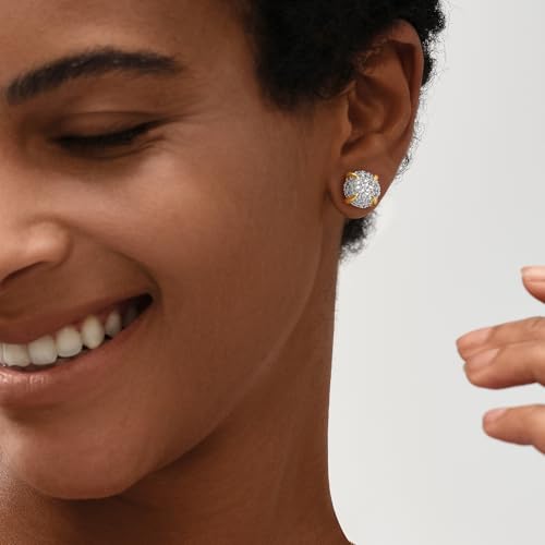 MEVECCO Pave Cubic Zirconia Stud Earrings for Women, 18K Gold Plated Brass | Pave CZ Fronts, Curved Gold Plated Edge Accents, Soft Motifs and Clean Geometric Styles - style: round