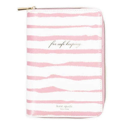 kate spade new york Travel Jewelry Folio, Goddess Stripe | 8.5" x 6" Organizer with Zippered Pockets, Tabs & Tracker Pocket, Pink Leatherette Case for Earrings, Necklaces, & Bracelets