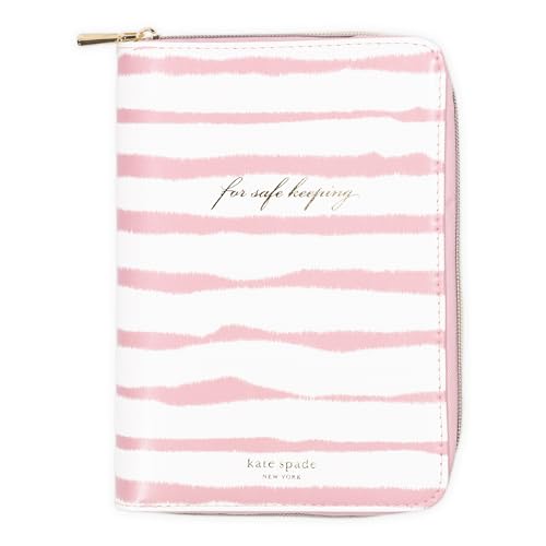 kate spade new york Travel Jewelry Folio, Goddess Stripe | 8.5" x 6" Organizer with Zippered Pockets, Tabs & Tracker Pocket, Pink Leatherette Case for Earrings, Necklaces, & Bracelets