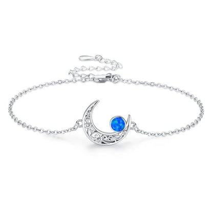 Moon Bracelet for Women 925 Sterling Silver Moonstone/Birthstone Moon Bracelet Butterfly/Dragonfly Bracelet Celtic Moon Butterfly Dragonfly Jewelry Gifts for Women - style: Blue Opal-Silver