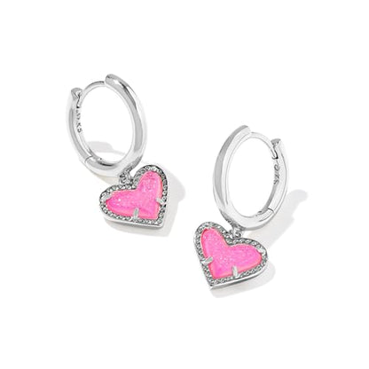 Kendra Scott Ari Heart Huggie Earrings for Women, Fashion Jewelry - color: RHODIUM - HOT PINK DRUSY