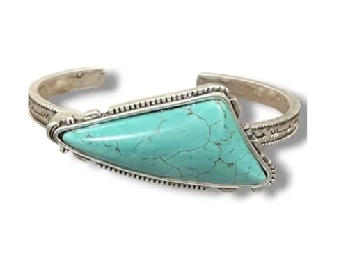 Isac Turquoise Stone Cuff Bracelet, Silver-Tone, Triangle Shape, Boho Western Style, Engraved Band
