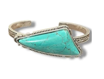 Isac Turquoise Stone Cuff Bracelet, Silver-Tone, Triangle Shape, Boho Western Style, Engraved Band