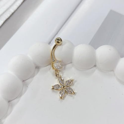 14G Crystal Flower Dangle Belly Button Ring for Women Stainless Steel Rhinestone Fashion Statement Lucky Floral Dangling Charm Curved Barbell Navel Rings Simple Sexy Summer Beach Body Piercing Jewelry - color: Gold-tone