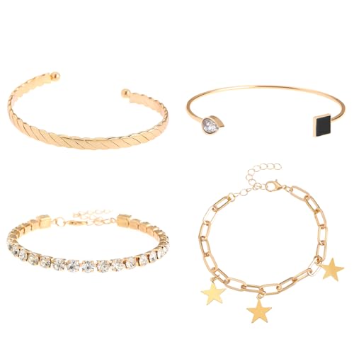 Alegend 14K Gold Plated Stackable Multilayer Bracelets + Titanium Steel(Not Rust, Resist Corruption, Easily Clean) 18K Gold Plated Single Bracelets - color: 14K Gold Crystal, Star & Black Stone