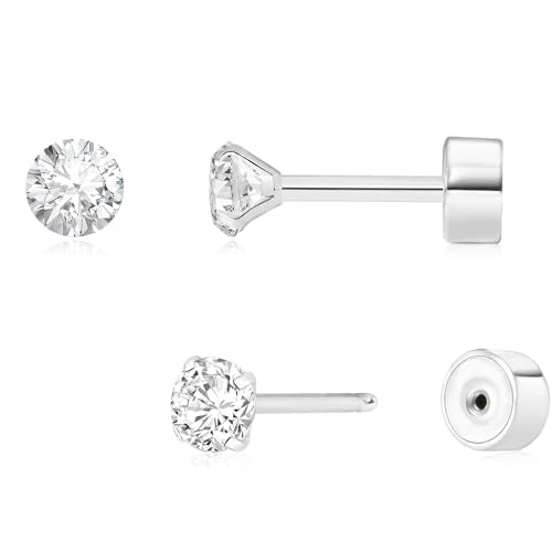 Threadless Flat Back Earrings, Hypoallergenic 14K Real Gold Plated CZ Stud Earrings | Cartilage Earring | Tragus Helix Piercing Jewelry | Push in Flatback Earrings for Women Men - color: Silver, size: 3 Millimeters