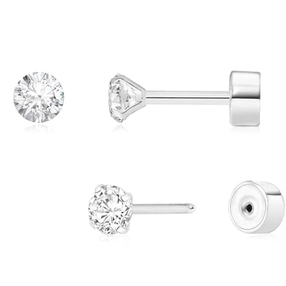 Threadless Flat Back Earrings, Hypoallergenic 14K Real Gold Plated CZ Stud Earrings | Cartilage Earring | Tragus Helix Piercing Jewelry | Push in Flatback Earrings for Women Men - color: Silver, size: 3 Millimeters