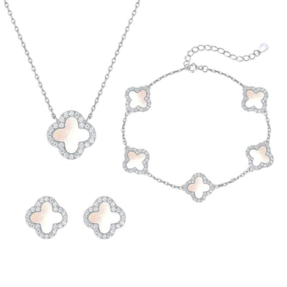 925 Sterling Silver Four Leaf Clover Bracelet – Real Silver Lucky Clover Jewelry for Women, Dainty Good Luck Gift for Her - color: Rhodium Plated – Mother-of-Pearl Set