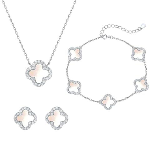 925 Sterling Silver Four Leaf Clover Bracelet – Real Silver Lucky Clover Jewelry for Women, Dainty Good Luck Gift for Her - color: Rhodium Plated – Mother-of-Pearl Set