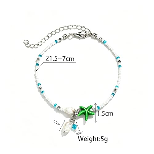Beaded Ankle Bracelets for Women Boho Starfish Shell Pearl Beaded Ankle Bracelets Stacked Strench Silver Ankle Bracelet Non Tarnish Adjustable Hawaiian Summer Beach Surfer Foot Jewelry - color: Green