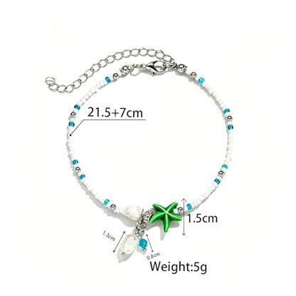 Beaded Ankle Bracelets for Women Boho Starfish Shell Pearl Beaded Ankle Bracelets Stacked Strench Silver Ankle Bracelet Non Tarnish Adjustable Hawaiian Summer Beach Surfer Foot Jewelry - color: Green