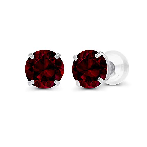 Solid 14K Yellow, White or Rose Gold 4mm Round Genuine Gemstone Birthstone Prong Set Stud Earrings For Women - color: Garnet