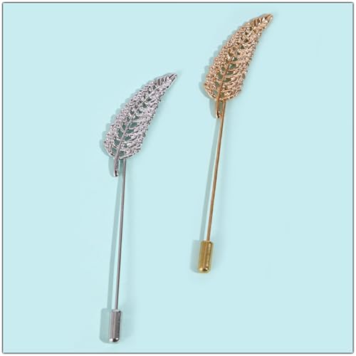 Dreuyet Simple Gold Silver Plated Long Brooch Pins with Cute Animal Antlers Leaves Plant Bees Rabbits Rose Flower Feather Brooch Jewelry for Women Men Elegant Suit Collar Lapel Pin - style: Hollow Leaf