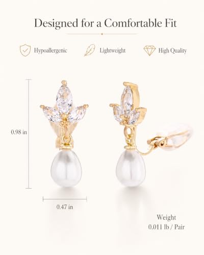 Gold Pearl Clip on Earrings for Women Elegant Small Cubic Zirconia Drop Earrings for Bridal Bridesmaid Wedding Jewelry - size: 0.98in