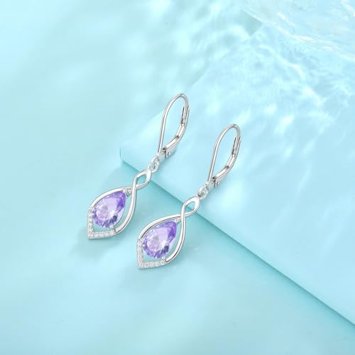 Infinity Teardrop Earrings 925 Sterling Silver Dangle Drop Leverback Earrings Birthstone Jewelry for Women - color: Light Lavender