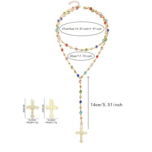 Colorful Crystal Long Necklace for Women Dainty Boho Y-Shaped Color Bead Necklaces Sparkly Rhinestone Pendant Layered Gold Long Chain Choker Good Luck Trend Jewelry Gift Jewelry - color: Cross+Double Gold