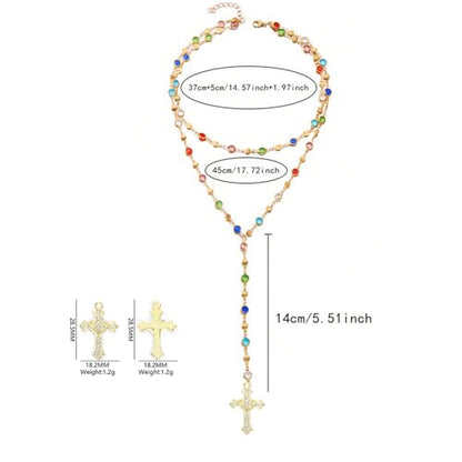 Colorful Crystal Long Necklace for Women Dainty Boho Y-Shaped Color Bead Necklaces Sparkly Rhinestone Pendant Layered Gold Long Chain Choker Good Luck Trend Jewelry Gift Jewelry - color: Cross+Double Silver
