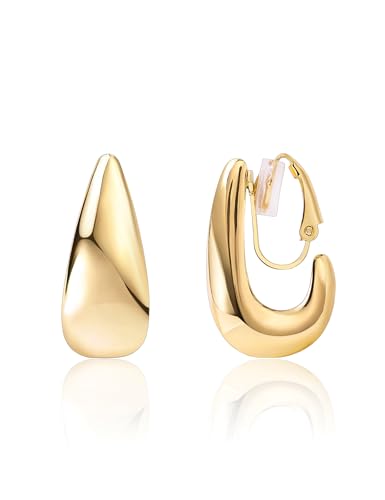 FAN&LOUIS Gold and Silver Clip On Earrings for Women, Chunky Huggie Teardrop Clip-on for Non Pierced Ears - style: Gold