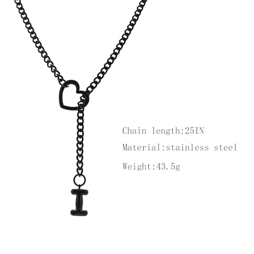 sroyte Black Heart Slip Chain Initial Necklaces for Women,Stainless Steel O-Ring Adjustable Lariat Heart Y-Necklace,Punk Gothic Cuban Collar Choker Necklace for women - color: Black I