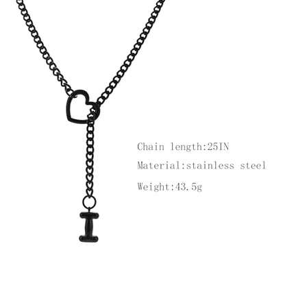 sroyte Black Heart Slip Chain Initial Necklaces for Women,Stainless Steel O-Ring Adjustable Lariat Heart Y-Necklace,Punk Gothic Cuban Collar Choker Necklace for women - color: Black I