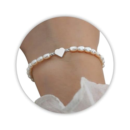 DAYANEY Pearl Bracelets for Women Gold Bracelet Silver Pearl Jewelry | Gold Bracelet Silver Pearl Jewelry Summer Gifts for Girls Dainty Daisy and Heart Bracelets Cute Floral Jewelry for Bridesmaid - style: Heart Pearl
