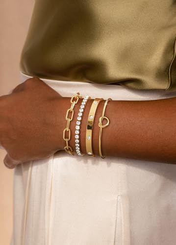 KOHOTA Chunky Gold Bracelets for Women Non Tarnish 14K Gold Plated Cuff Bracelet Stack Trendy Love Bangle Bracelets Stackable Tennis Bracelet Set Tie Knot Cuban Paperclip Figaro Chain Jewelry Gifts - color: D.Tie knot bangle