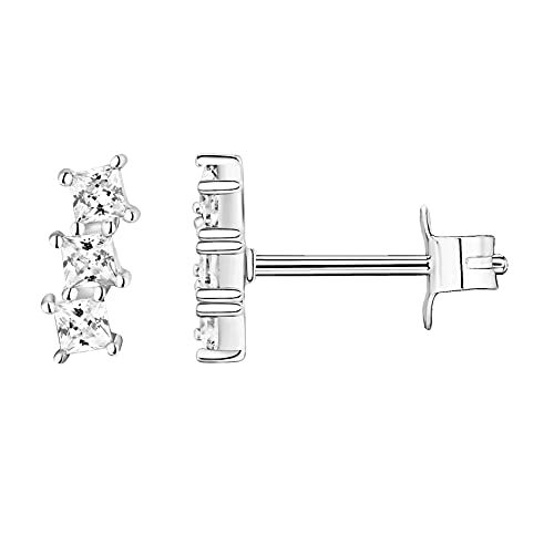 PAVOI 14K Gold Plated 925 Sterling Silver CZ Simulated Diamond Earrings | Dainty Geometric Shape Mini Bar Stud Earrings for Women - color: White Gold, style: Offset