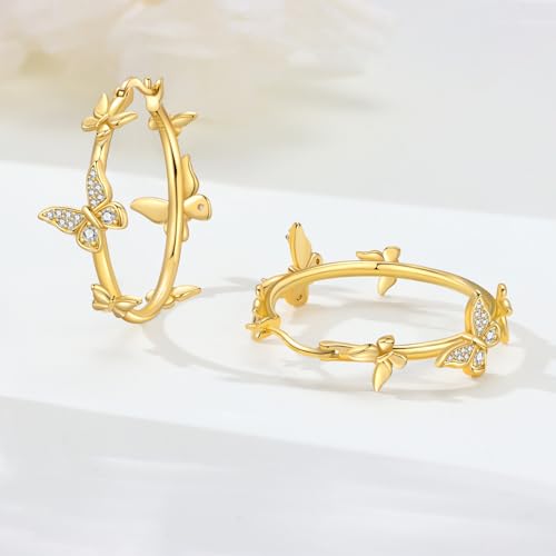 Floral Hoop Earrings 925 Sterling Silver with 14K Gold Plating – Lightweight CZ Flower Hoops | Hypoallergenic Jewelry for Women | Gift Box + Polishing Cloth - color: 29mm gold butterfly earrings