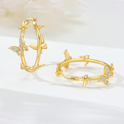 Floral Hoop Earrings 925 Sterling Silver with 14K Gold Plating – Lightweight CZ Flower Hoops | Hypoallergenic Jewelry for Women | Gift Box + Polishing Cloth - color: 29mm gold butterfly earrings